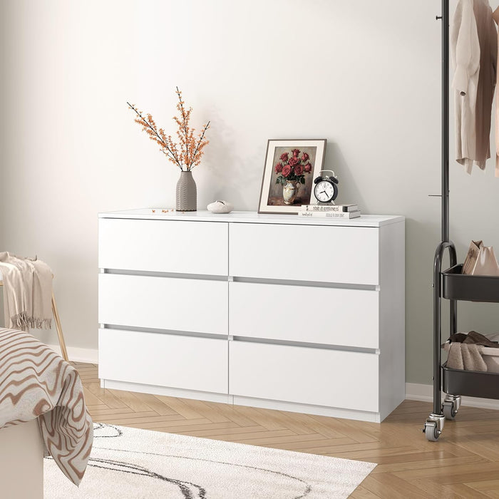 6 Drawer Dresser for Bedroom, Modern White Chest of Drawers No Handles Large Storage, Wood Dressers with Wide Drawers for Closet, Living Room, Home Office(43.3" W X13.4 Dx 26.4" H)