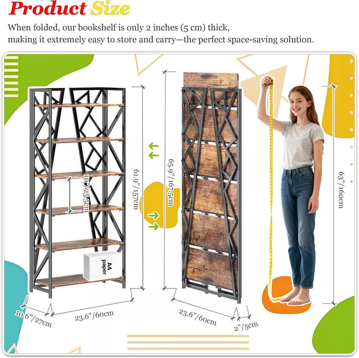 No Assembly Folding Bookshelf, 61.9" H X 23.6" W, 6 Tier Foldable Book Shelf Industrial Bookcase, Vintage Collapsible Storage Shelves for Home Office Living Room Bedroom, Rustic Brown Black