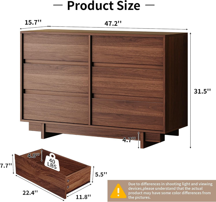 6 Drawer Walnut Dresser for Bedroom, 47" Wide Mid Century Modern Dresser