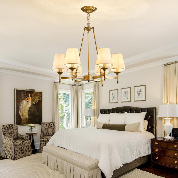 Gold Wagon Wheel Chandelier with White Linen Shade 6-Light Industrial Ceiling Light Fixture 26.8Inch Large Farmhouse Hanging Pendant Light for Dining Living Room Kitchen Bedroom Entryway Foyer