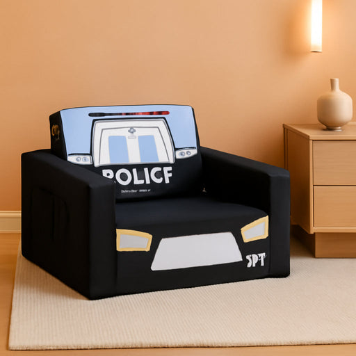 Kids Sofas Toddler Couch Bed Baby'S Upholstered Chair Sleepover Couch Flipout Open Recliner(Black/Police Car)