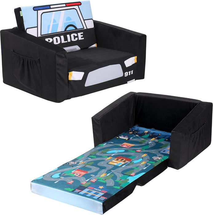 Kids Sofas Toddler Couch Bed Baby'S Upholstered Chair Sleepover Couch Flipout Open Recliner(Black/Police Car)