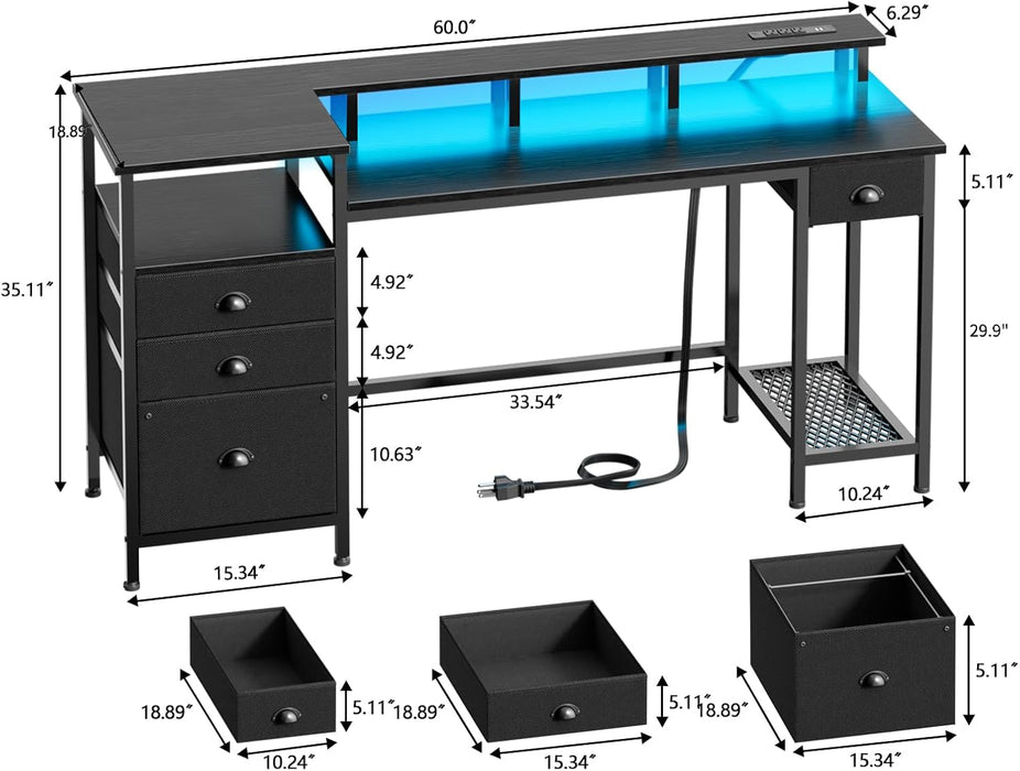 Black Computer Desk with 4 Drawers, 60" Long Office Desk with Fabric File Cabinet and Power Outlets, Gaming Desk with LED Lights, Study Writing Work Desk for Home Office