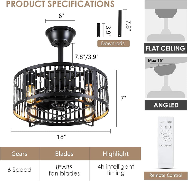 Caged Ceiling Fan with Light, 18 Inch Black Fandelier Ceiling Fans for Kitchen Bedroom Outdoor, Remote Control, Reversible