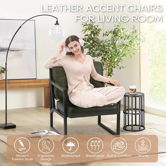 Green Full Grain Leather Upholstered Accent Armchairs