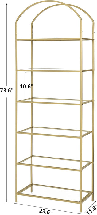Goldtone StainlessSteel TemperedGlass SixTier Bookshelf
