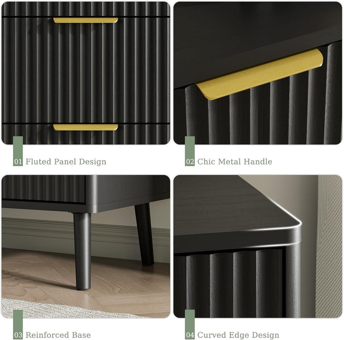 55" Wide Fluted Dresser for Bedroom with 7 Drawer, Modern Chest of Drawers with Curved Profile Design and Metal Handles, Wood Dresser TV Stand & Storage Organizer for Living Room, Black