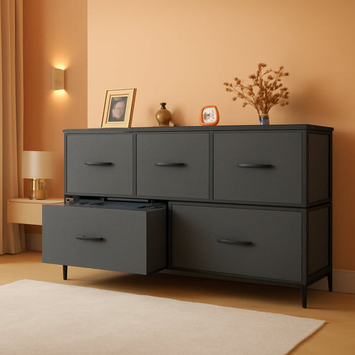 Dresser for Bedroom with 5 Drawers, Anti-Tip Wide Fabric Chests Storage Organizer Tower Furniture, TV Stand for TV up to 45 Inch with Wooden Top Metal Frame for Clothes, Living Room, Hallway, Entryway