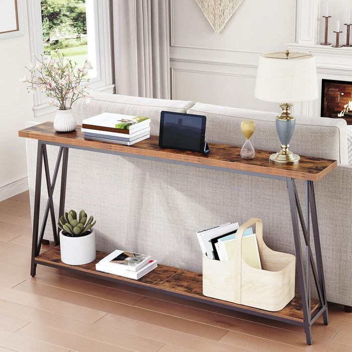 Console Table for Entryway, 63" Industrial Entryway Table, 2-Tier Extra Long Sofa Table behind Couch, X-Shaped Support, for Entryway, Hallway, Living Room, Rustic Brown CTHR4801Z