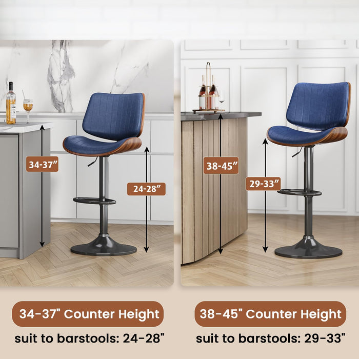Swivel Bar Stools 2PCS, Adjustable Bentwood Barstools for Kitchen Counter | Modern PU Leather Upholstered Bar Chair with Back and Footrest, for Kitchen Island, Bar, Dining Room, Navy