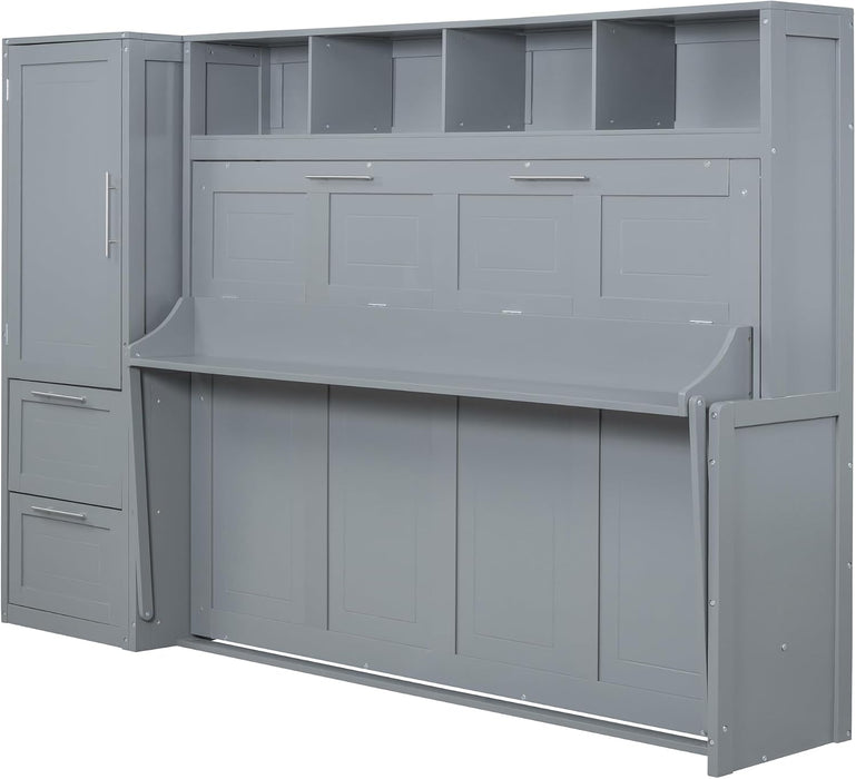 FullSize Murphy Wall Bed BuiltInCloset Drawers Gray