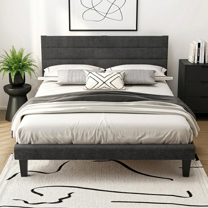 Platform Bed Frame Queen Size with Linen Fabric Headboard,Modern Panel Low Profile Bed with Upholstered & Sturdy Slats Support for Bedroom, Mattress Foundation, Dark Gray