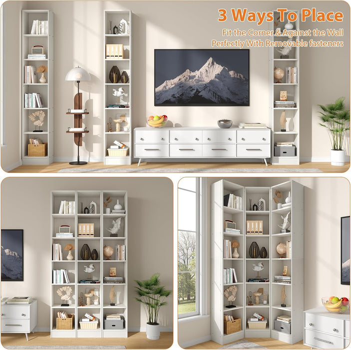 Corner Bookshelf, 6-Tier 3-In-1 Narrow Cube Storage Shelf, White