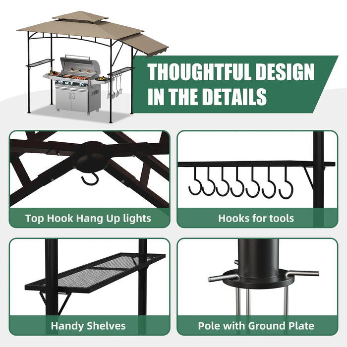 Grill Gazebo 8' X 5' Double Tier Outdoor BBQ Tent 4.6 Ft Barbecue Patio Canopy with Extra Shadow 15 Hooks, Beige