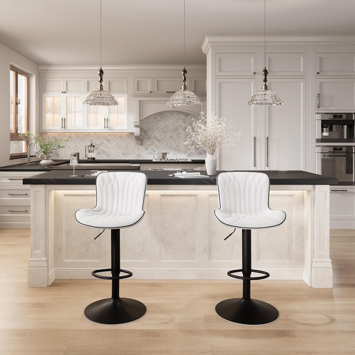 White Bar Stools Set of 2 Modern Kitchen Counter Height Bar Chair with Back Swivel Adjustable Faux Leather Upholstered Barstools for Breakfast Island Tall 300LBS