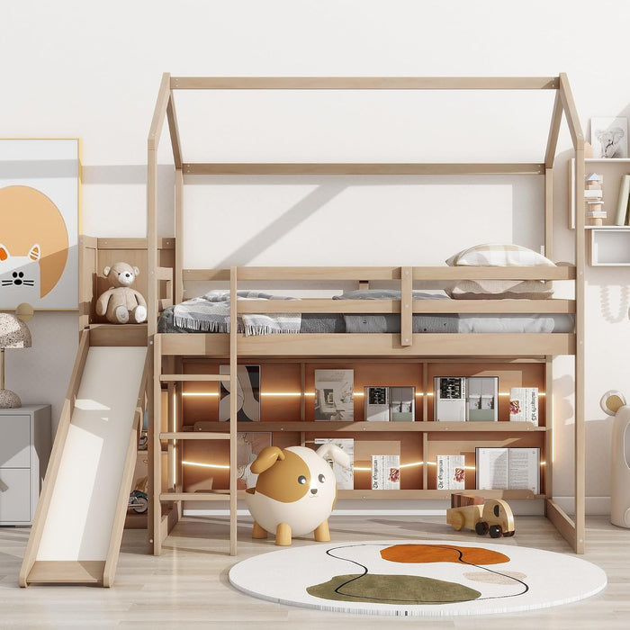 Twin EngineeredWood Loft Bed With Slide StorageShelves