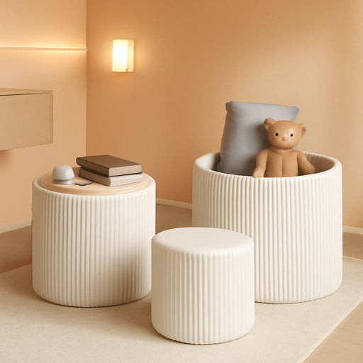 Round Set of 3 Ottoman with Storage-Upholstered Velvet Vanity Stool for Makeup Multifunctional Ottomans Coffee Table Padded Seat Foot Rest for Living Room&Bedroom（White）