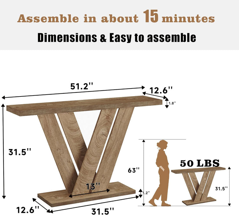 51 Inch Console Table, Modern V-Shaped Entryway Table, Wood Sofa Table behind the Couch for Living Room, Hallway, Entrance, Foyer, Easy Assembly, Brown