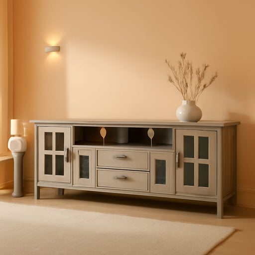 Artisan SOLID WOOD Universal TV Media Stand, 72 Inch Wide, Transitional, Living Room Entertainment Center, Storage Cabinet, for Flat Screen Tvs up to 80 Inches in Distressed Grey