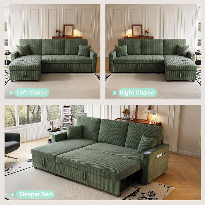 Luxurious Corduroy Green 83-Inch Sleeper Sectional Sofa