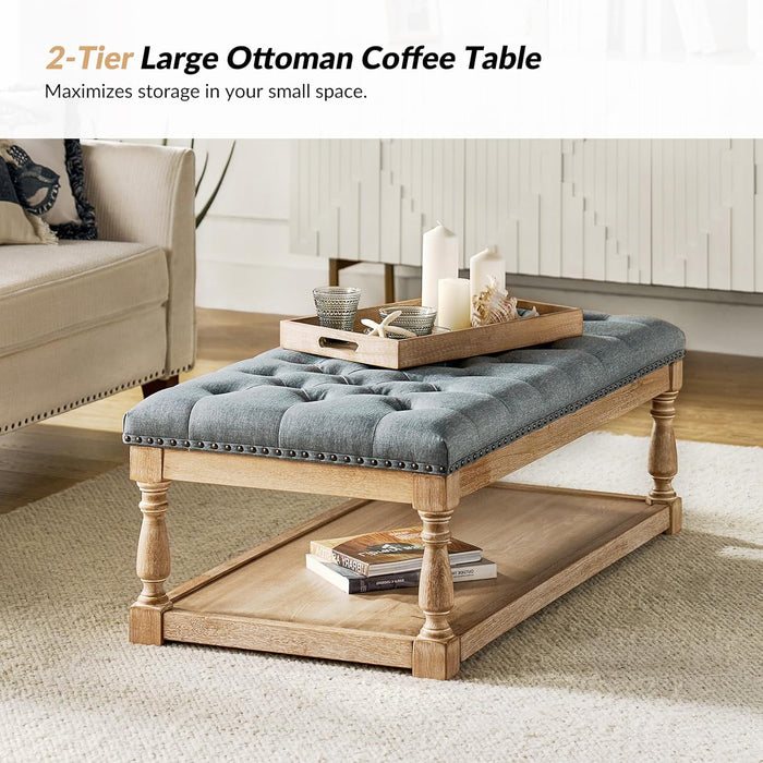 Rectangle Ottoman Coffee Table with Tray, Tufted Living Room Ottoman with Solid Wood Storage Shelf, Blue