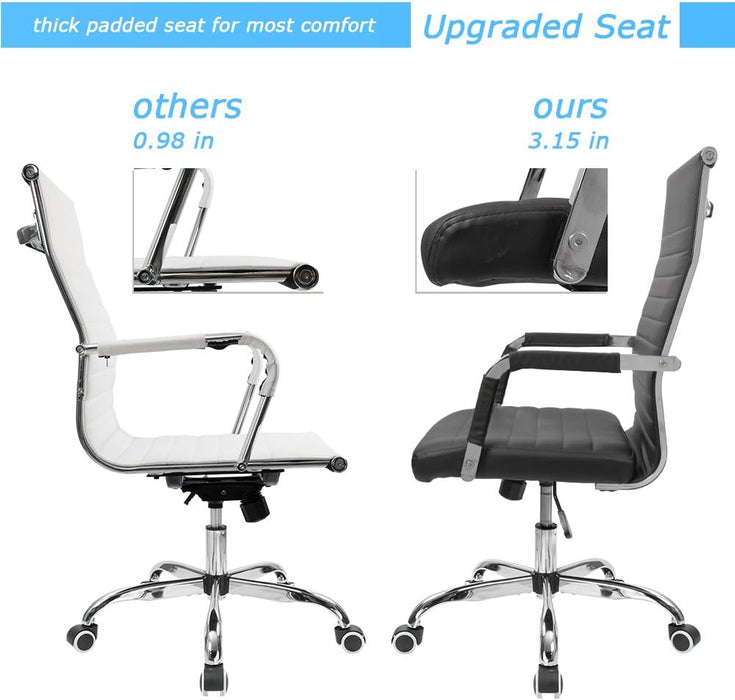 Ribbed Office Desk Chair Mid-Back PU Leather Executive Conference Task Chair Adjustable Swivel Chair with Arms (Black)