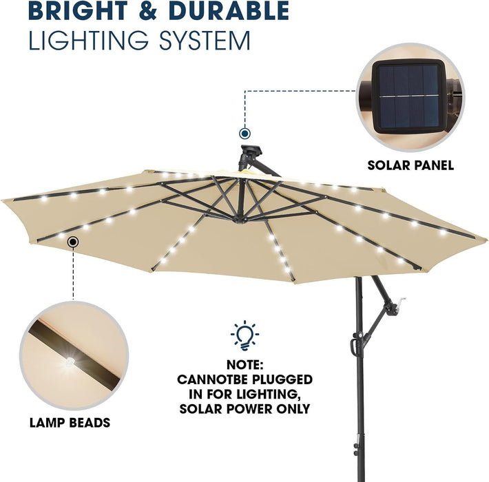 10Ft Solar LED Offset Patio Umbrella, Outdoor Cantilever Patio Umbrellas with Solor Lights for Backyard, Poolside and Garden, Easy Tilt Adjustment, 32 LED Lights & Polyester Shade, Beige