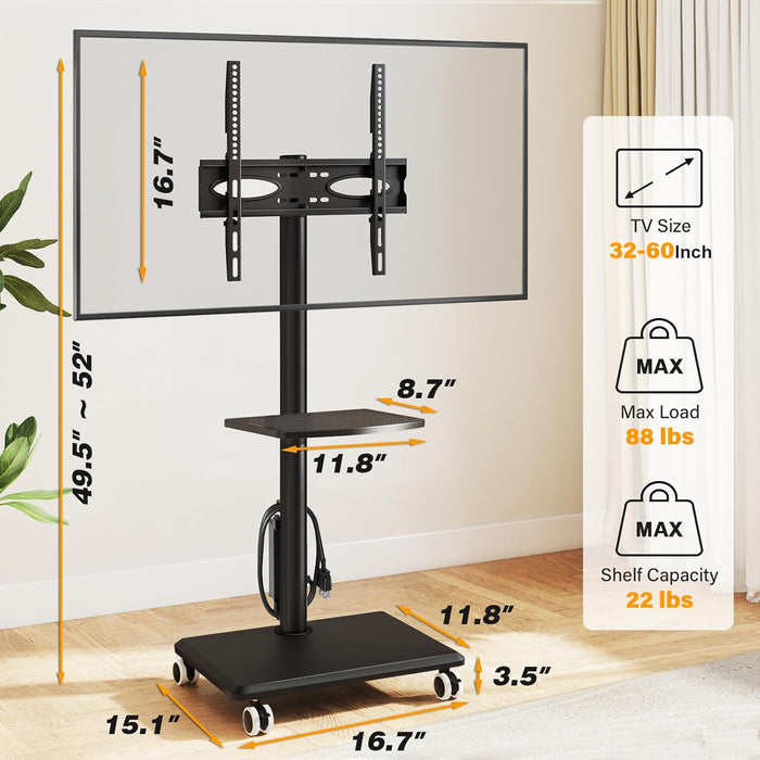 Rolling TV Stand with Power Outlet for 32-60 Inch Tvs, Swivel and Height Adjustable Mobile TV Stand with Shelf, Strong TV Cart on Wheels up to 88 Lbs for Living Room, Bedroom and Office (Black)