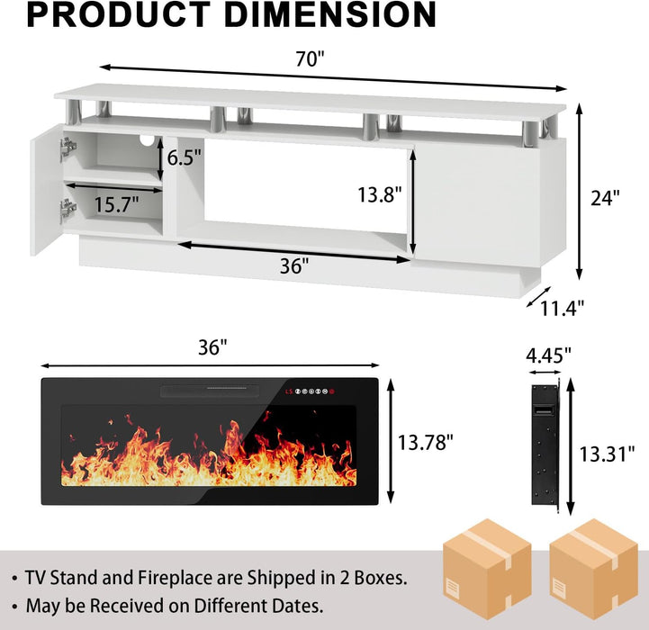 Fireplace TV Stand with 36" Fireplace, 2 Tier 70" LED Entertainment Center with Fireplace for Tvs up to 80", Modern Wood TV Media with Storage Cabinets for Living Room, White
