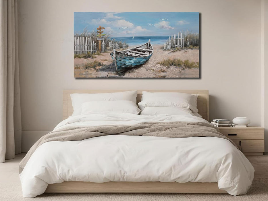 Boat Canvas Wall Art Nautical Art Wall Decor for Living Room, Blue Teal Bedroom Picture Textured Beach Painting Framed Artwork Dining Room Home Office Kitchen, Large 40"X20"