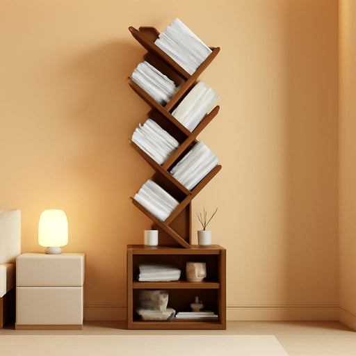 6 Tier Tree Bookshelf, Small Bookcase with Storage Cabinet, Modern Tall Narrow Bookshelves Organizer, Floor Standing Book Shelf for Bedroom/Living Room/Home Office/Corner, Rustic Brown