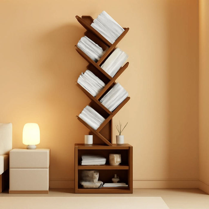 6 Tier Tree Bookshelf, Small Bookcase with Storage Cabinet, Modern Tall Narrow Bookshelves Organizer, Floor Standing Book Shelf for Bedroom/Living Room/Home Office/Corner, Rustic Brown