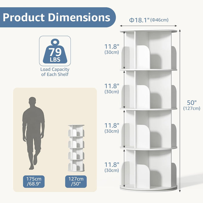 4 Tier Rotating Bookshelf Tower, Spinning Bookshelf for Small Space | 360° Display Revolving Bookcase Lazy Susan, Freestanding Vertical Corner Book Shelf for Bedroom, Living Room, Entryway, White