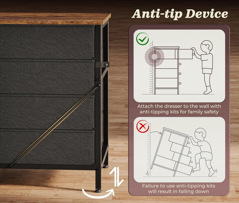 63 Inch Long Dresser for Bedroom, TV Stand for 65, 70 Inch TV, 12 Drawer Dresser for Closet, Chest of Drawers, Large Fabric Drawers for Bedroom, Media Console, Rustic Brown