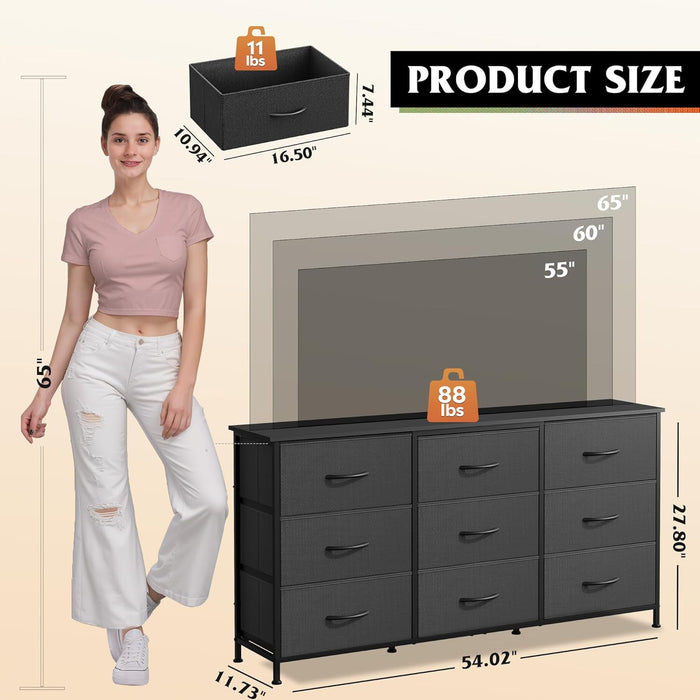 Dresser TV Stand for 65 Inch TV, 9 Drawer Dresser for Bedroom, Black