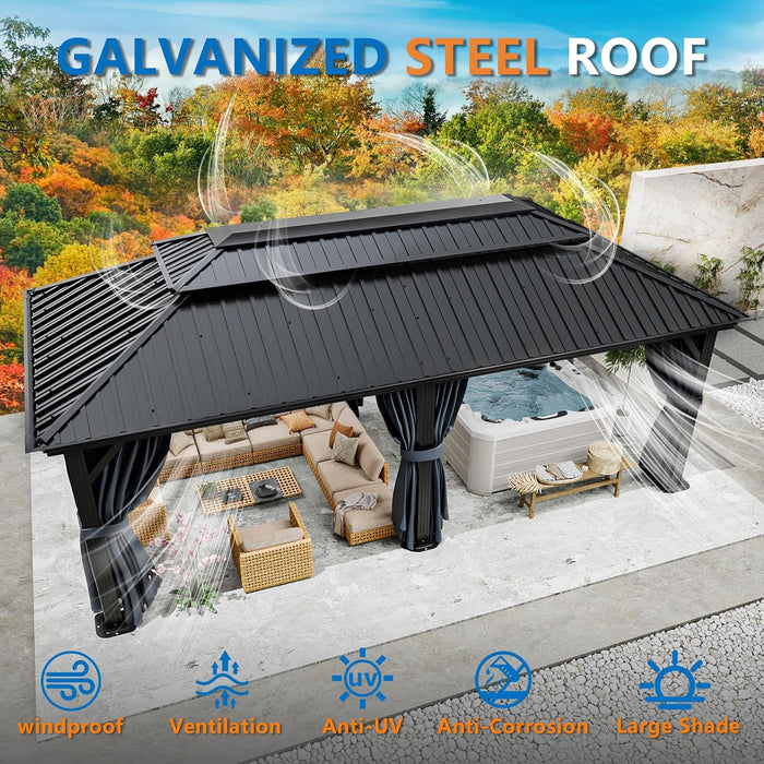 12x20 Hardtop Gazebo ReinforcedFrame PrivacyCurtains Black