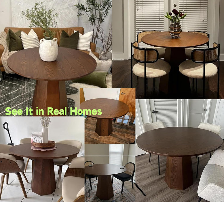 39” round Solid Wood Dining Table for 4-5 People, Modern Pedestal Small Kitchen Table Circle Tabletop with Walnut Wood Grain Finish, Saving Space, Walnut