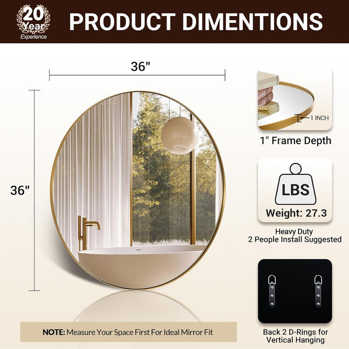 Gold round Mirror, 36’’ Brushed Gold Circle Bathroom Mirrors in Stainless Steel Metal Frame 1" Deep Set Design