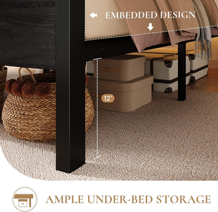 Queen Bed Frame, 2-Tier Storage Headboard, LED, Charging Station
