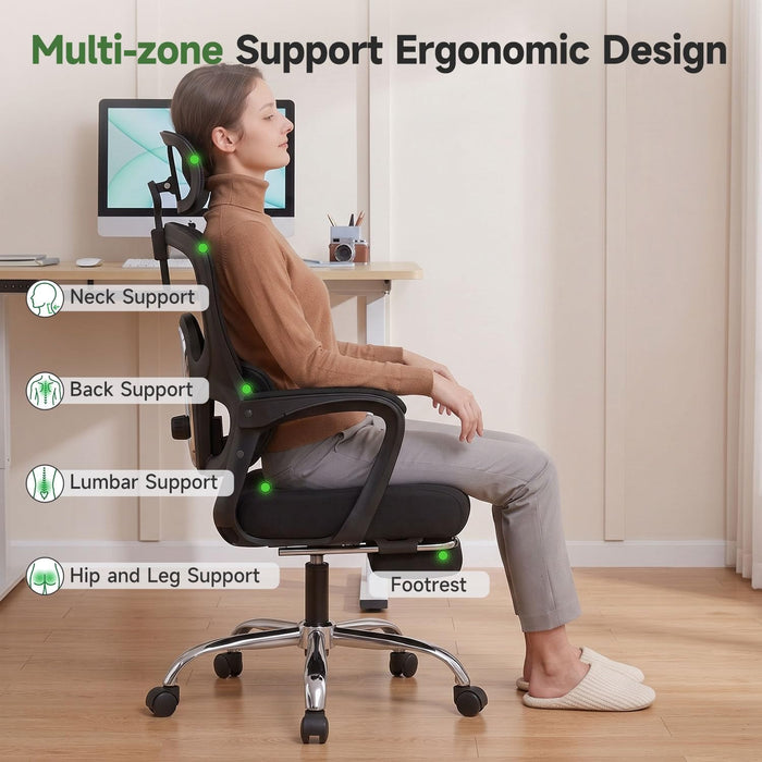 Ergonomic Office Chair with Footrest, 90-145° Reclining Desk Chair