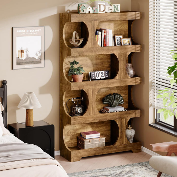 71" Tall Bookcase, 4-Tier S-Shaped Bookshelf, Wood Decorative Storage Shelving, Modern Freestanding Display Shelves, Large Library Book Shelf Unit for Home Office Living Room Bedroom, Brown