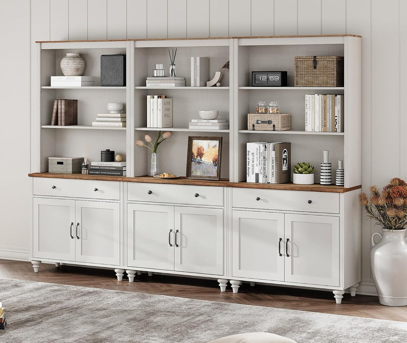 5 Tier Bookshelf 72" Tall Bookcase with Barn Doors, Large Farmhouse Display Book Shelf with 3 Drawers and Storage Cabinet, 3-In-1 Library Wood Bookshelves for Living Room or Kitchen, White