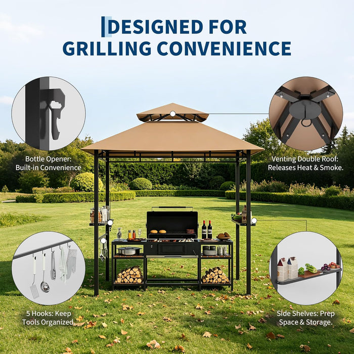 8X5 Ft BBQ Grill Gazebo with Double Roof, Outdoor Grill Shelter with 2 Side Shelves & Tool Hooks, Weather-Resistant Patio Shelter for Backyard Cooking