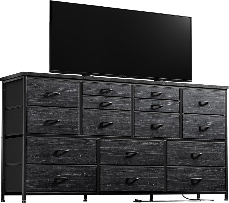 16 Drawer TV Stand Black Dresser 51"W for 60" TV – Long Dresser with 3 Power Outlets & 2 Ports, 374 LBS Load-Bearing Capacity, Space Saving Entertainment Center for Small Bedroom, Dorm, Living Room