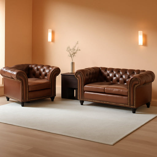 2 Piece Living Room Set, Chesterfield Leather Sofa Couch Chair with Scroll Arms and Nailhead for Living Room, Office (Dark Brown)
