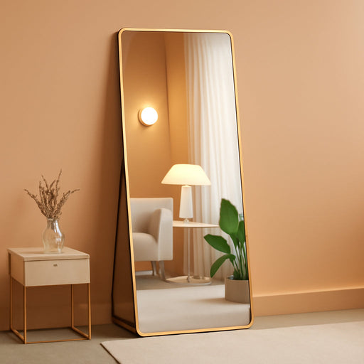 Full Length Mirror with Stand 64"X21" Floor Standing Aluminum Frame for Bedroom Body Hanging Leaning Modern Simple Home Decor Shatter-Proorf Nano Glass Wall Living Room Cloakroom Gold