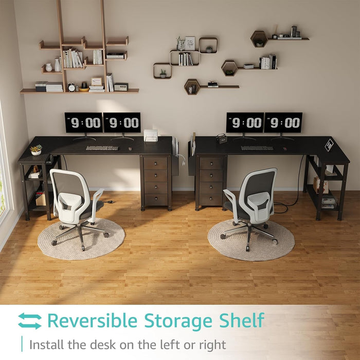 L Shaped Gaming Desk with Drawers & Storage Shelves, 55 Inch Corner Computer Desk with Power Outlet for Home Office Bedroom, L-Shaped Teen PC Desks with Fabric Drawer, Black