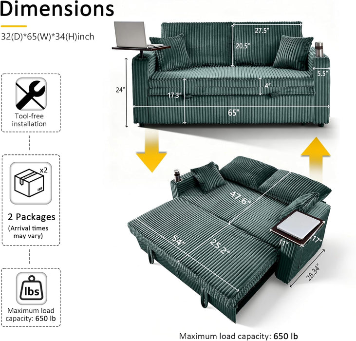 65Inch Sleeper Sofa Bed CorduroyFabric Emerald Green