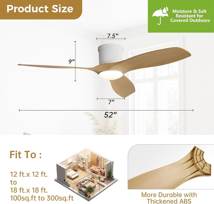52 Inch Smart Ceiling Fan with Lights, Modern Low Profile Flush Mount Ceiling Fan with 6500CFM, Compatible with Alexa/Google/App, 3 ABS Blade, Dimmable Timer Reversible DC Motor, ETL, ABS