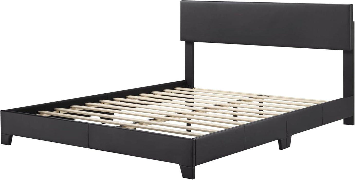 Queen Bed Frame with Adjustable Headboard, Faux Leather Platform Bed with Wood Slats, Heavy Duty Mattress Foundation, No Box Spring Needed, Noise-Free, Easy Assembly, Black